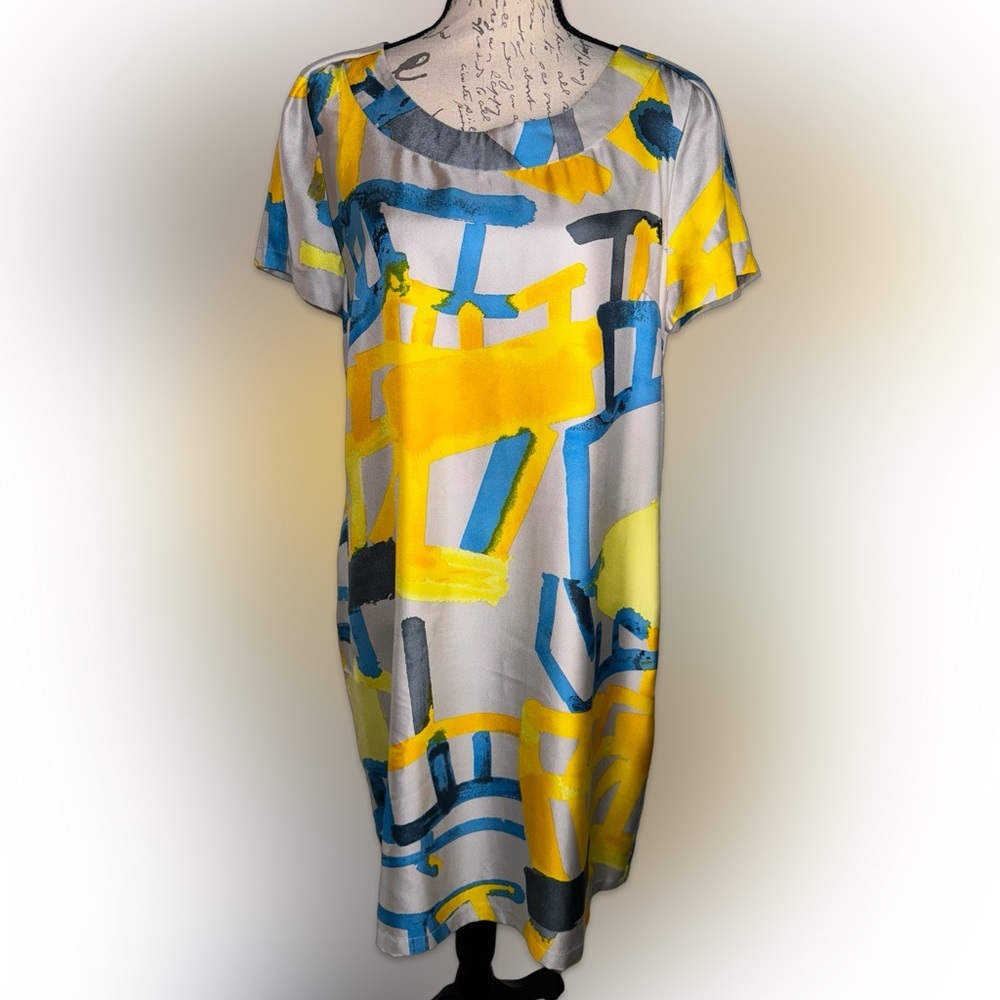 See By Chloe Yellow Blue Gray Abstract Shift Dress